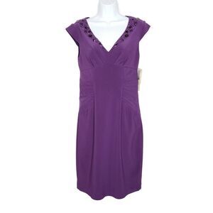 NEW Adrianna Papell Knee Length Ruched Sheath Dress 6 Beaded Bejeweled Purple